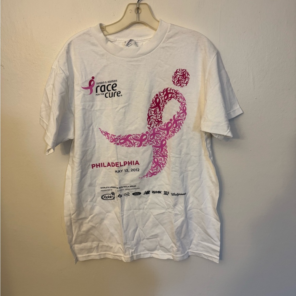 White Race for the Cure T-Shirt with Pink Ribbon